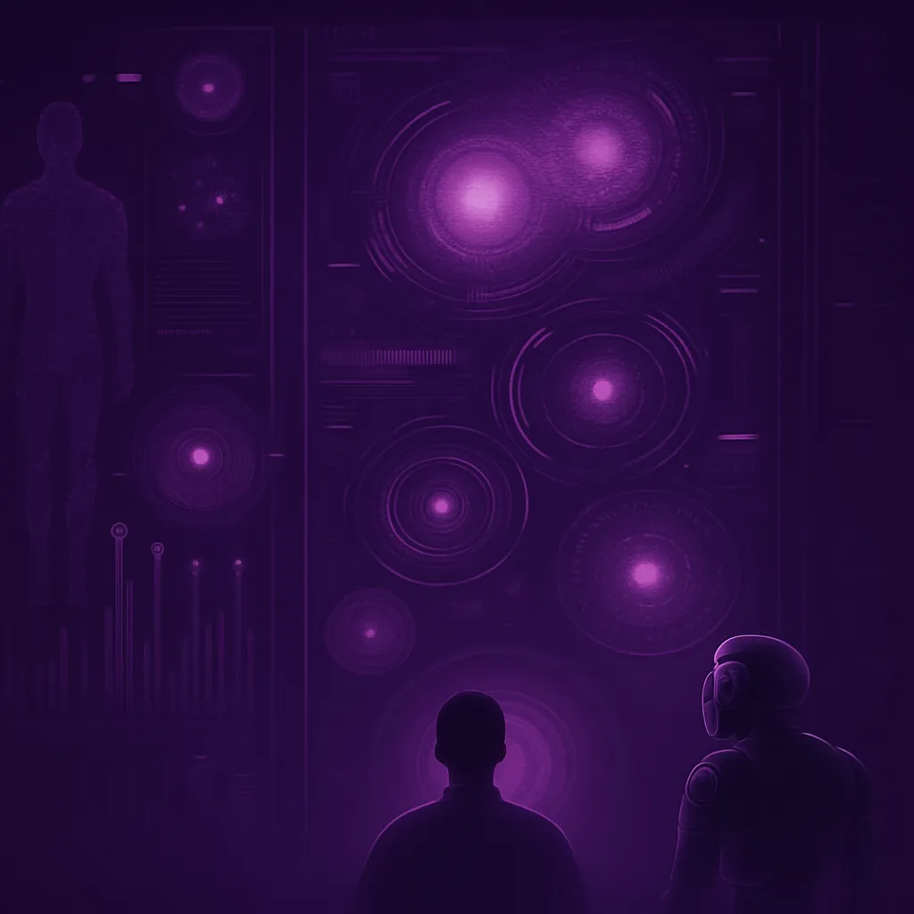 Purple robot and people in laboratory